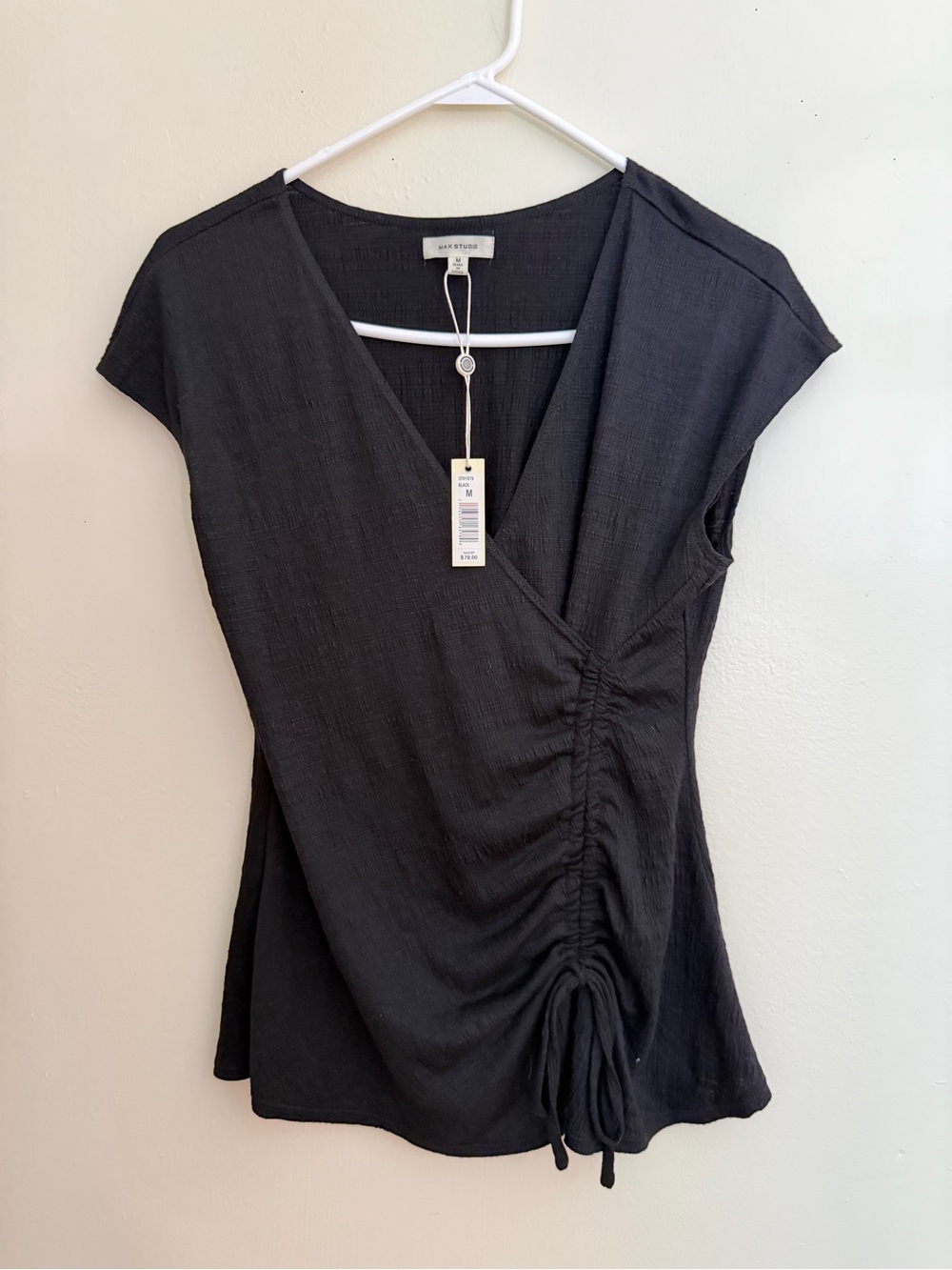 Max Studio Black Ruched V-Neck Drawstring Top